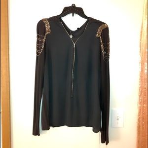 🎄Perfect for holidays! BKE Embellished shoulder zip up blouse